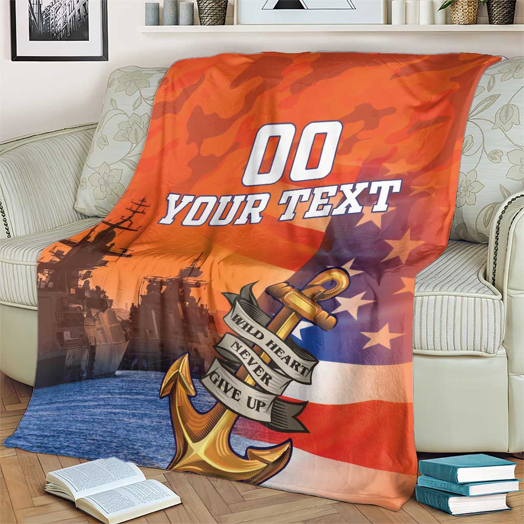 Orange custom US Navy veteran blanket with bold '00' and 'YOUR TEXT' anchor stars design