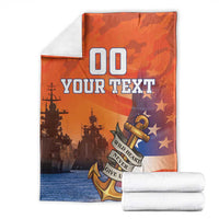 Orange custom US Navy veteran blanket folded with '00 YOUR TEXT' anchor and stars graphic