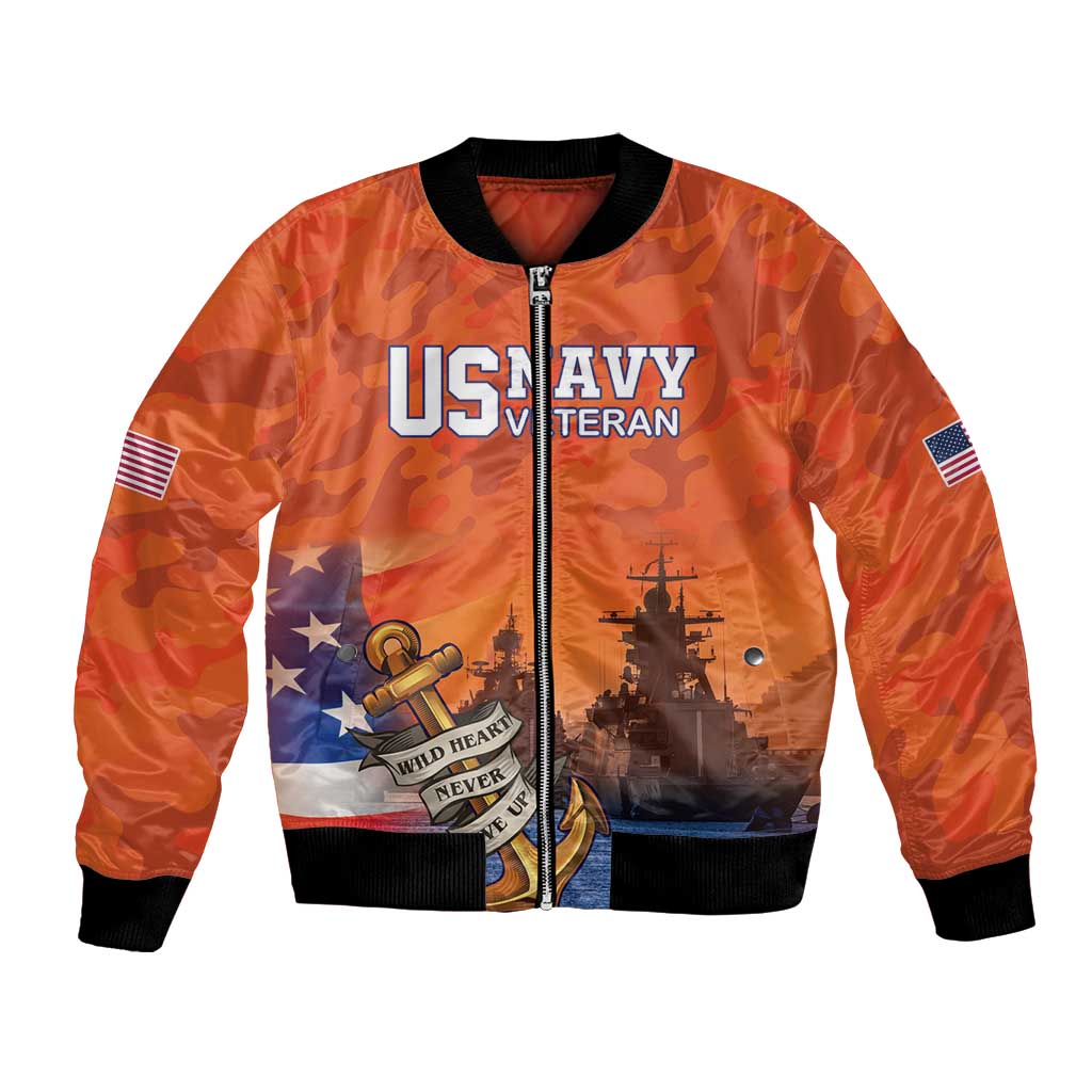 Orange bomber jacket with black rib trim, front zipper, US flag sleeves, veteran graphic