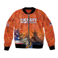 Orange bomber jacket with black rib trim, front zipper, US flag sleeves, veteran graphic