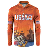 Orange camo quarter-button sweatshirt with 'US NAVY VETERAN' front print and flag sleeve patches