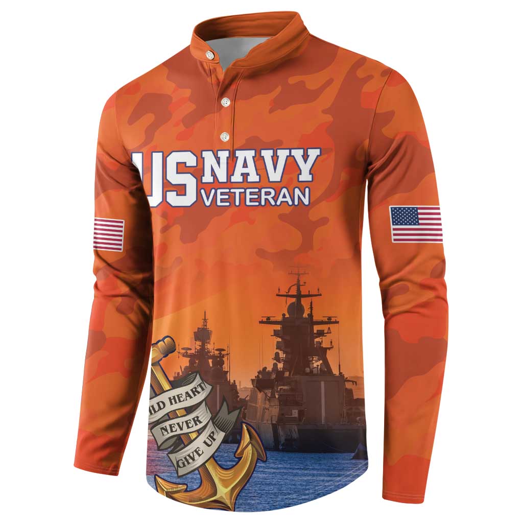 Orange camo quarter-button sweatshirt with 'US NAVY VETERAN' front print and flag sleeve patches