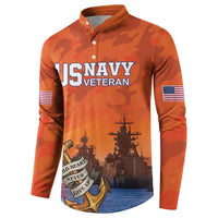 Orange camo quarter-button sweatshirt with 'US NAVY VETERAN' front print and flag sleeve patches
