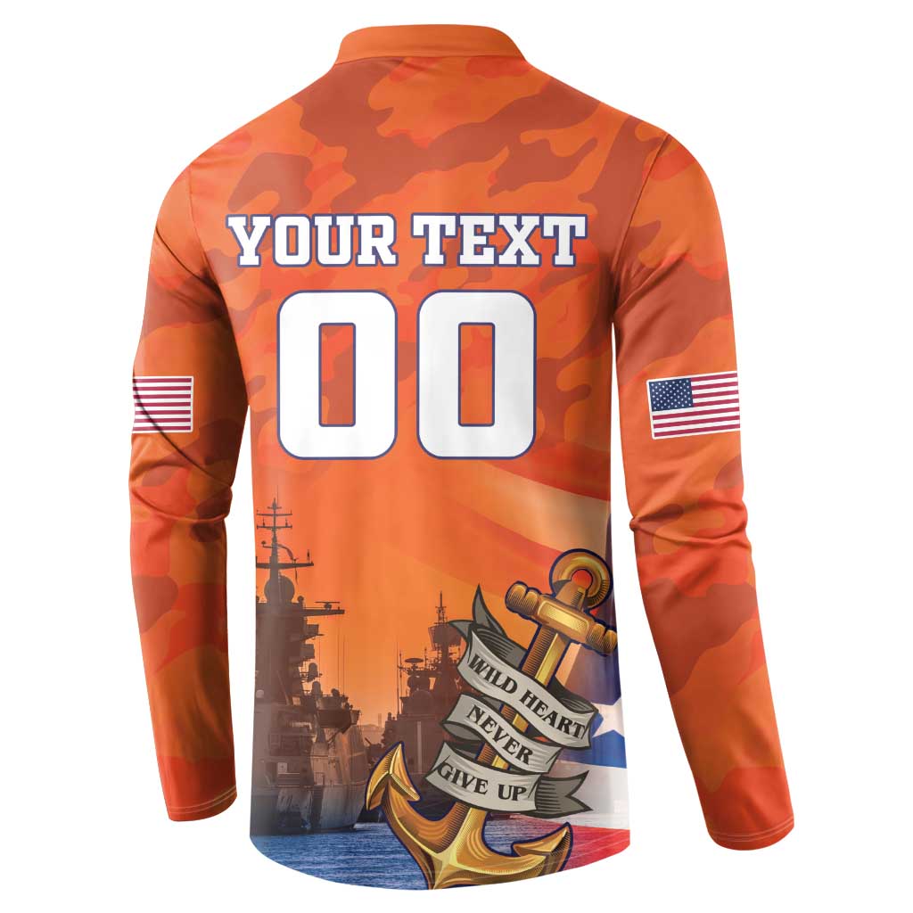 Orange camo quarter-button sweatshirt, back 'YOUR TEXT 00' with ship and anchor graphic