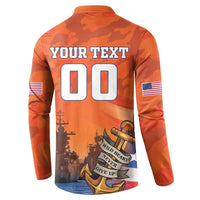 Orange camo quarter-button sweatshirt, back 'YOUR TEXT 00' with ship and anchor graphic