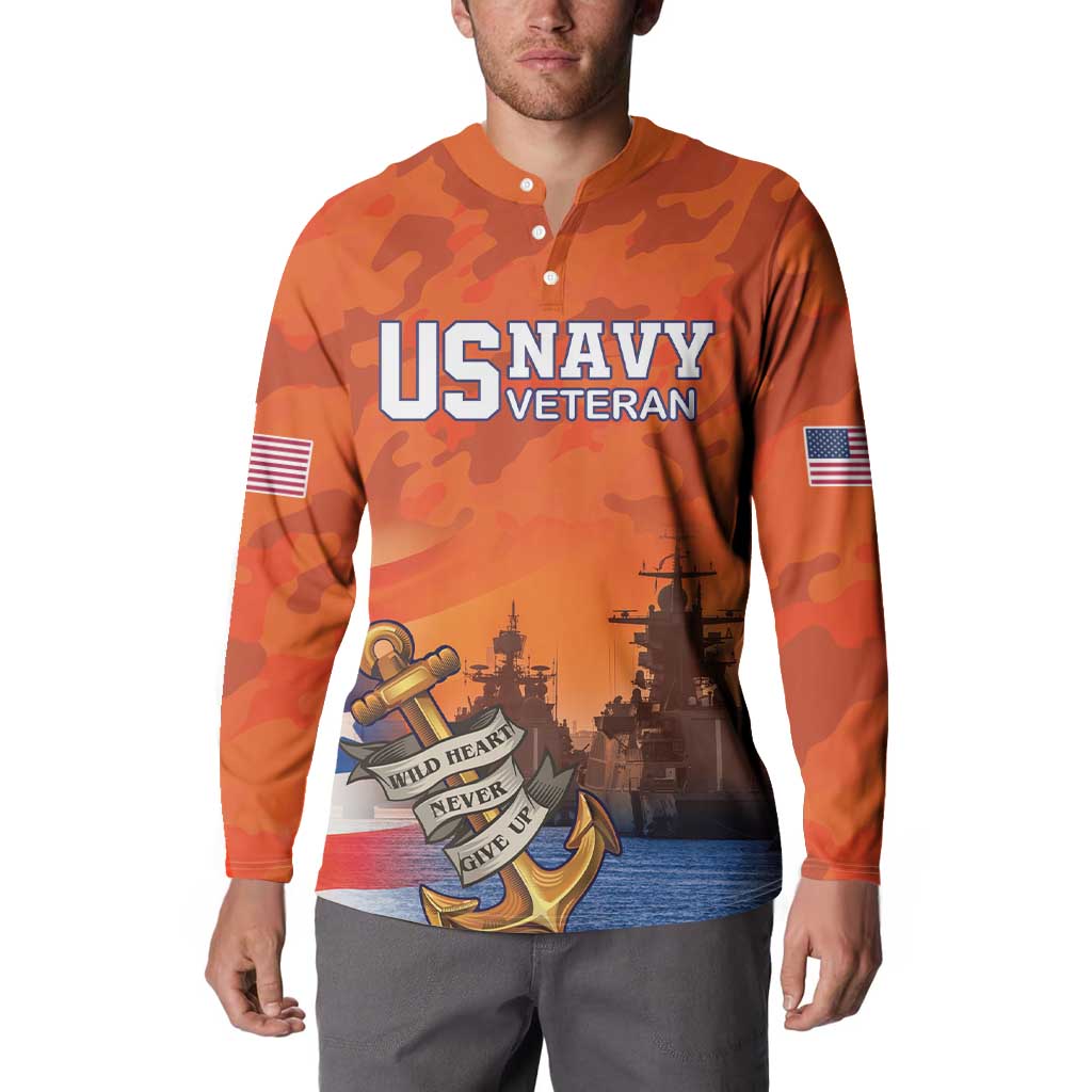 Orange camo quarter-button sweatshirt on model, 'US NAVY VETERAN' front print and flag sleeves