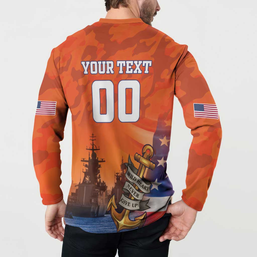 Orange camo quarter-button sweatshirt back view with 'YOUR TEXT 00' plus ship, anchor, stars