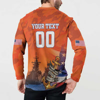Orange camo quarter-button sweatshirt back view with 'YOUR TEXT 00' plus ship, anchor, stars