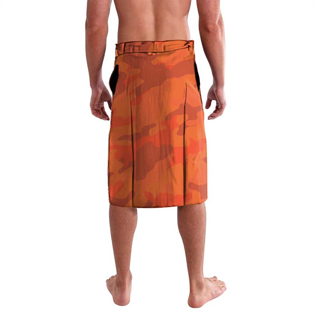 Orange camouflage board shorts with elastic waistband and straight hem