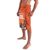 Orange camouflage board shorts with custom front print and elastic waistband