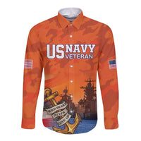 Orange camouflage long-sleeve button shirt with US NAVY VETERAN front text and anchor graphic