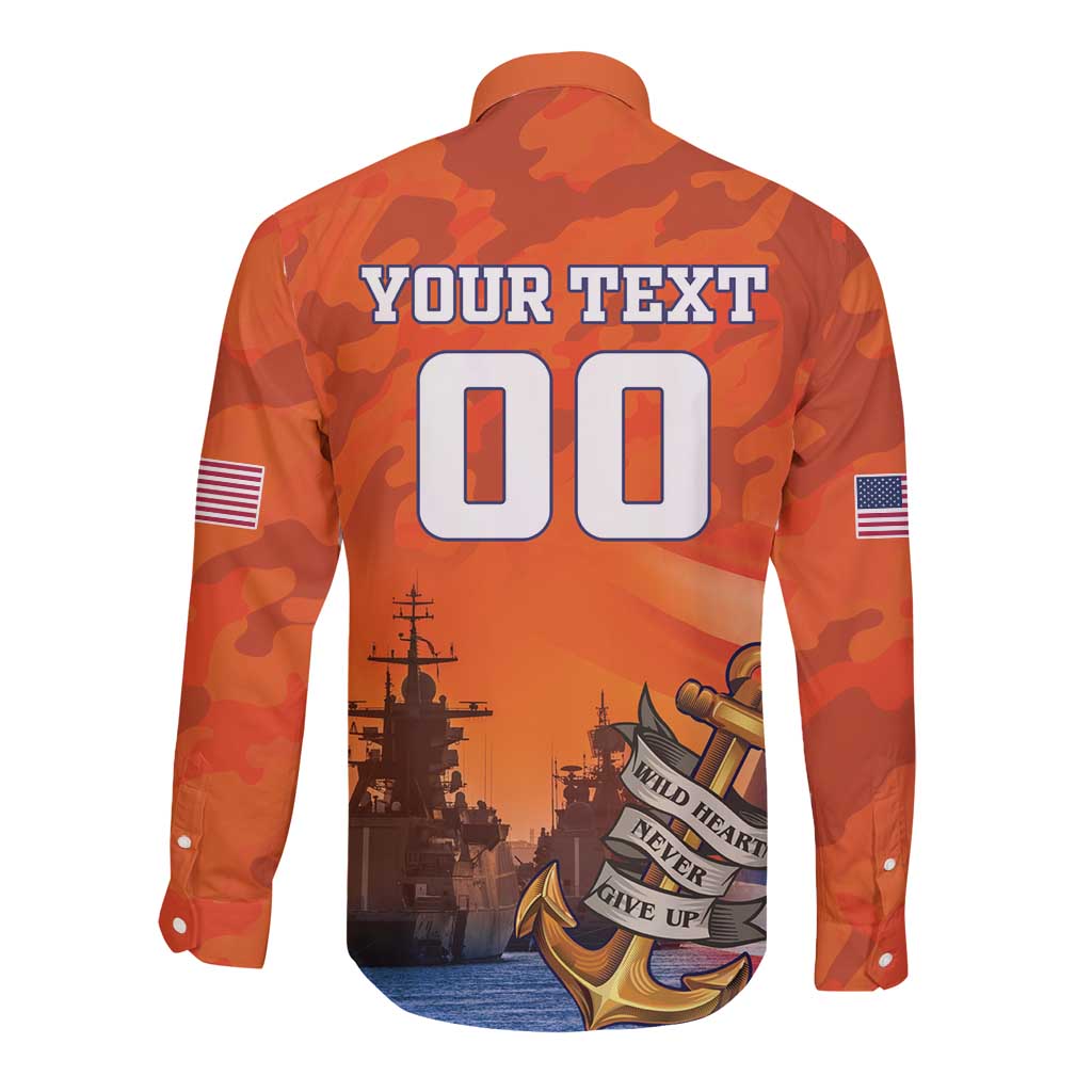 Orange camouflage long-sleeve button shirt with back text YOUR TEXT and anchor graphic