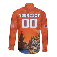 Orange camouflage long-sleeve button shirt with back text YOUR TEXT and anchor graphic