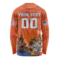 Orange camouflage long-sleeve shirt with Your Text back number 00 and anchor graphic