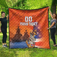 Orange and blue quilt with diamond quilting, anchor and ship graphics, “YOUR TEXT”
