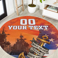 Round orange camouflage veteran rug with custom text and ship-and-star graphic