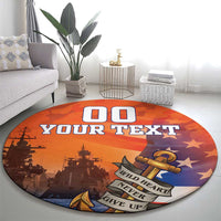 Round orange veteran rug with bold custom text, ship silhouettes, and star-pattern badge
