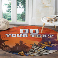 Round orange veteran rug with large custom text, ship silhouettes, and star badge