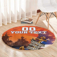 Round orange veteran rug with custom text, ship silhouette, and golden anchor badge