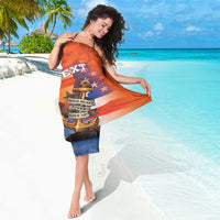 Orange camouflage sarong worn over swimwear, anchor, stars, ship graphic and 'YOUR TEXT'
