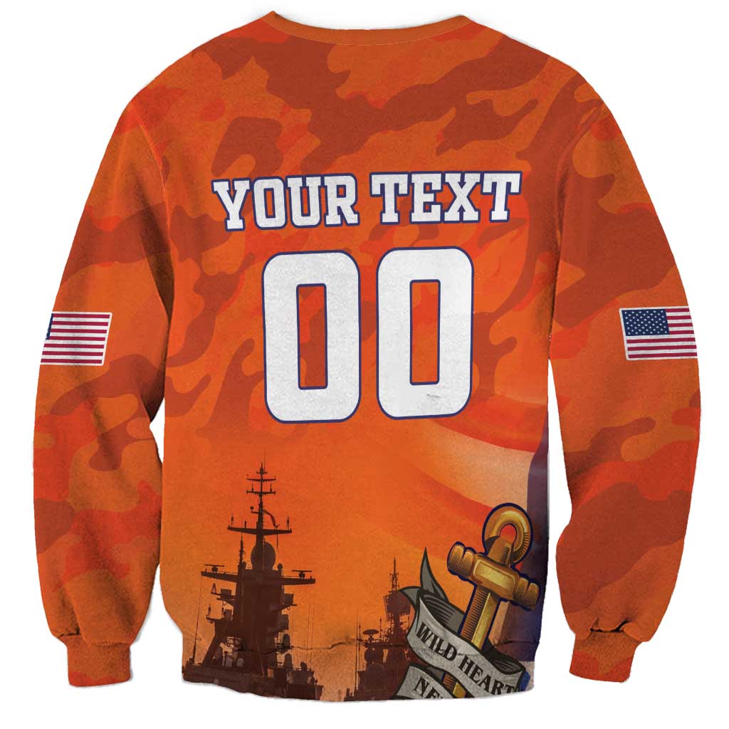 Orange camouflage sweatshirt with Your Text 00 back graphic, ships and flag patches