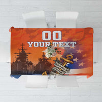 Orange US Navy veteran tablecloth with camouflage pattern, anchor and stars graphic