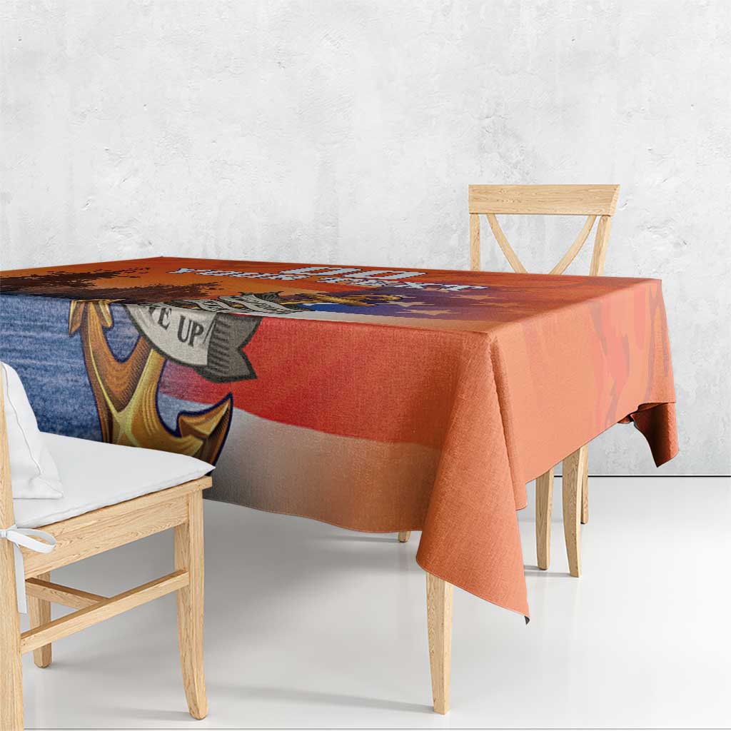Orange US Navy veteran tablecloth with camouflage design and anchor banner on dining table