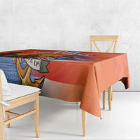 Orange US Navy veteran tablecloth with camouflage design and anchor banner on dining table