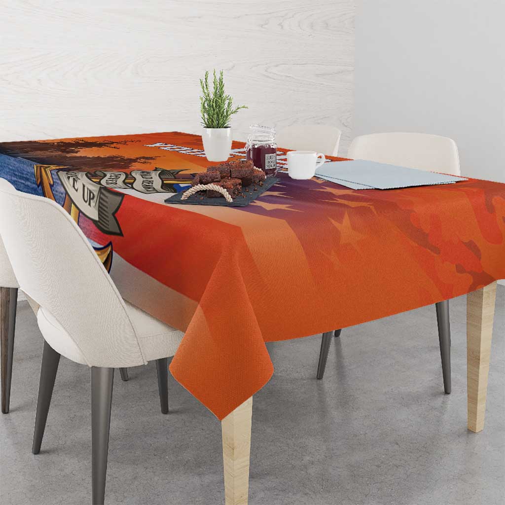 Orange US Navy veteran tablecloth with camouflage pattern, anchor artwork and ribbon detail