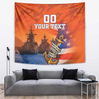 Orange US Navy veteran tapestry with camouflage pattern, anchor ribbon, and battleship silhouette