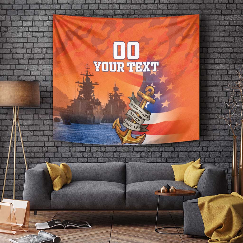 Orange US Navy tapestry with camouflage background, anchor ribbon, battleship silhouettes, “YOUR TEXT”