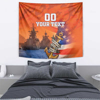 Orange US Navy veteran tapestry with camouflage pattern, ship and anchor graphic, custom text