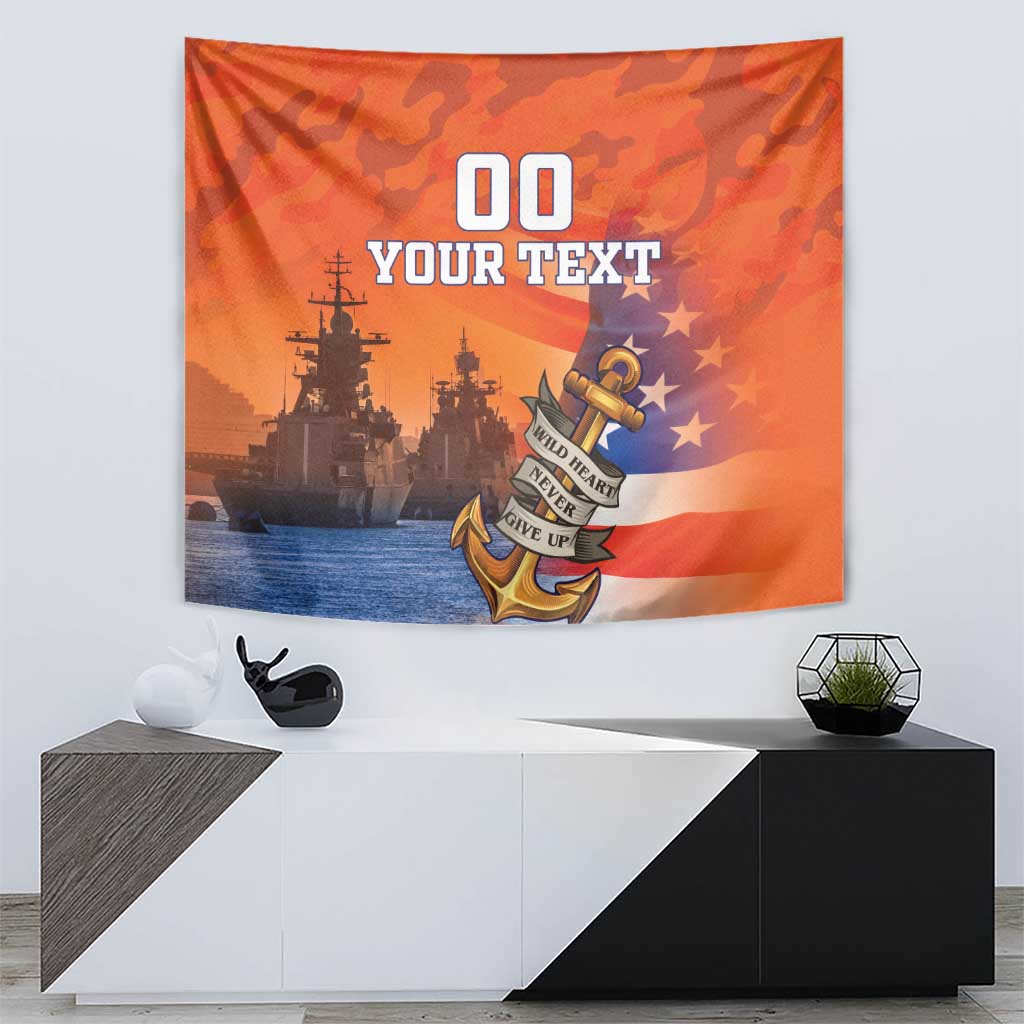 Orange camouflage tapestry featuring anchor emblem, battleship silhouettes, and “YOUR TEXT”