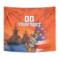 Orange camouflage tapestry with “00 YOUR TEXT” and anchor emblem detail