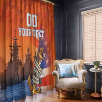 Orange camouflage window curtains with navy blue anchor, stars, and bold "YOUR TEXT"