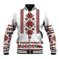 Unisex baseball jacket with folk trident pattern, red and white geometric stripes