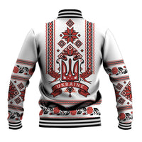Back baseball jacket with trident crest, 'UKRAINE' text, red white folk border