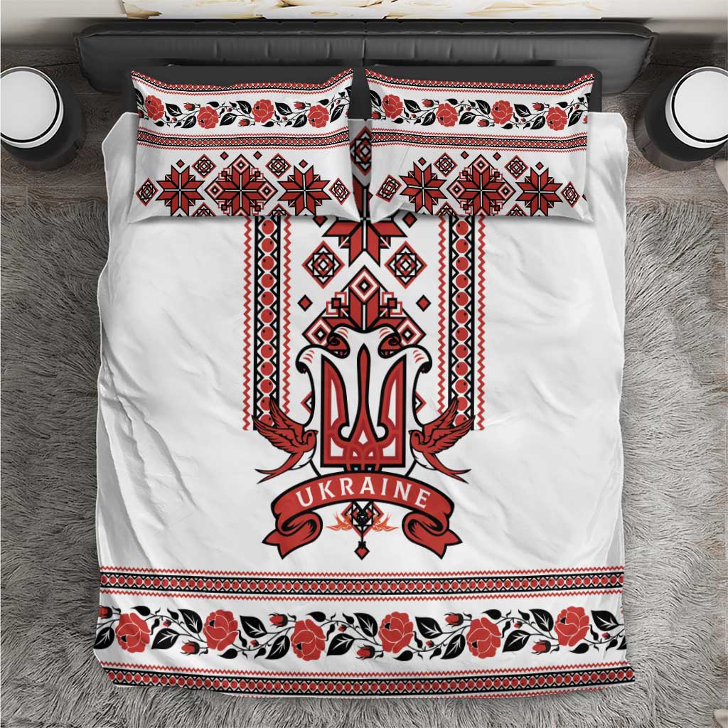 White duvet cover set with red/black folk border and central trident 'UKRAINE' print