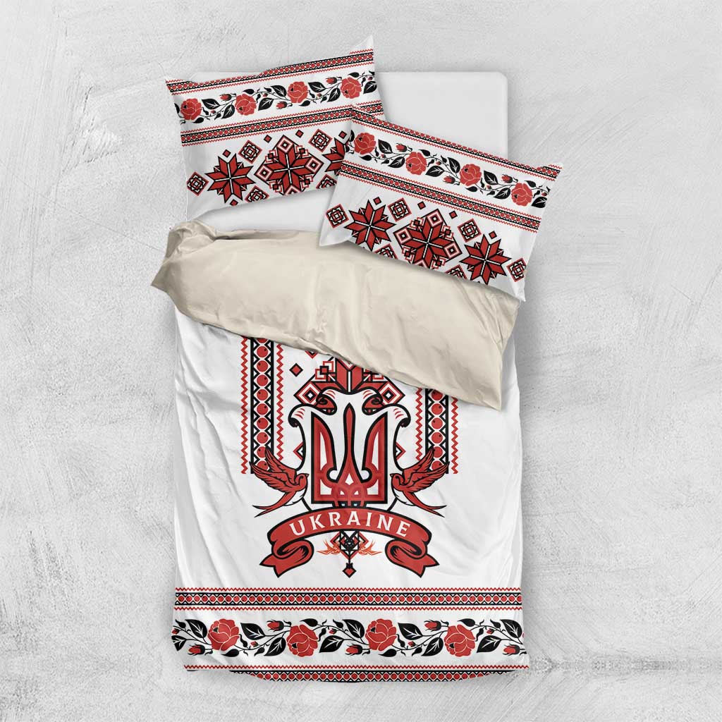 White duvet cover set with red/black folk trident design and matching pillow