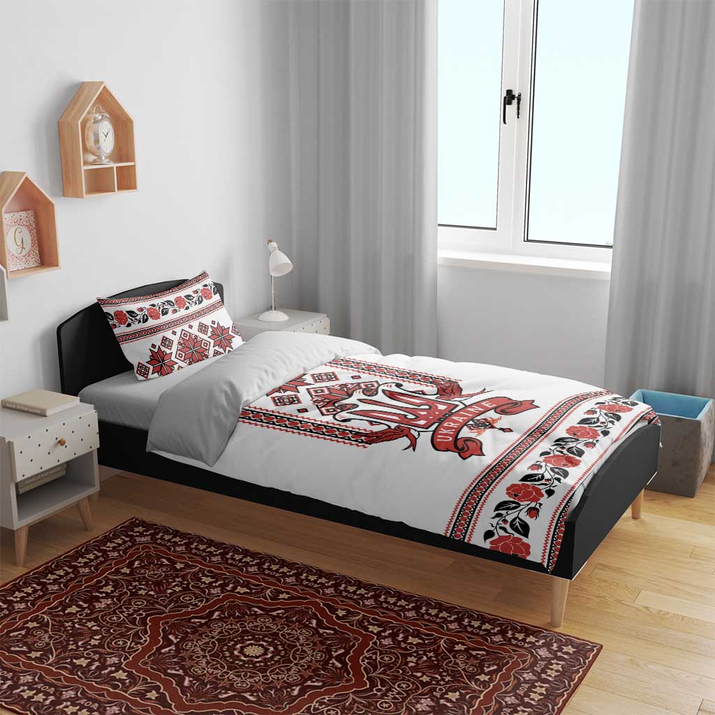 White duvet cover with red/black folk trident strip and matching pillow covers