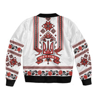 White bomber jacket with large trident emblem, red folk border, and ribbed cuffs