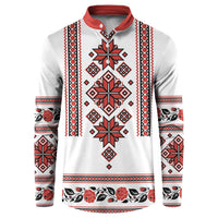 White crewneck sweatshirt with red collar, folk trident and geometric embroidery pattern