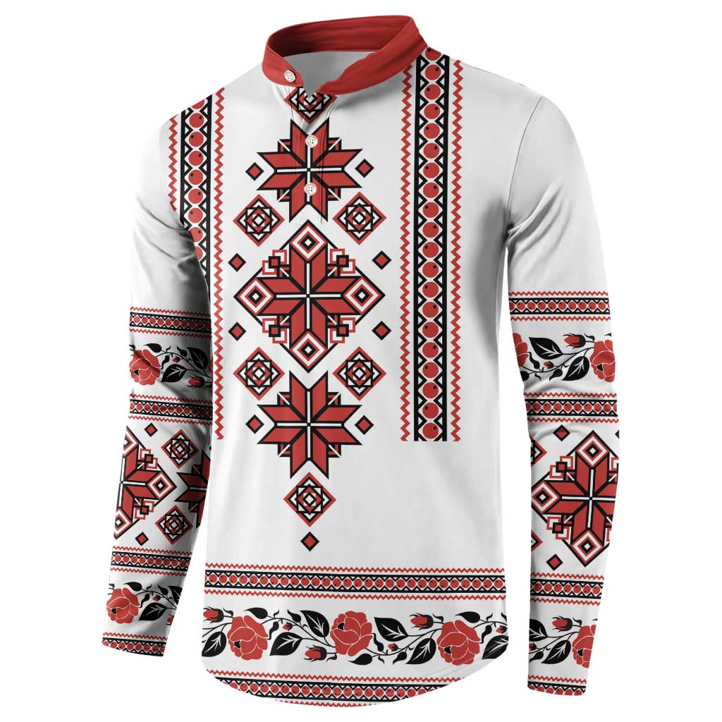 White crewneck sweatshirt with red collar, vertical folk stripe panel and trident graphic