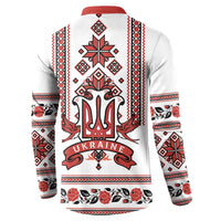 White crewneck sweatshirt with red collar and back trident crest with 'UKRAINE' text