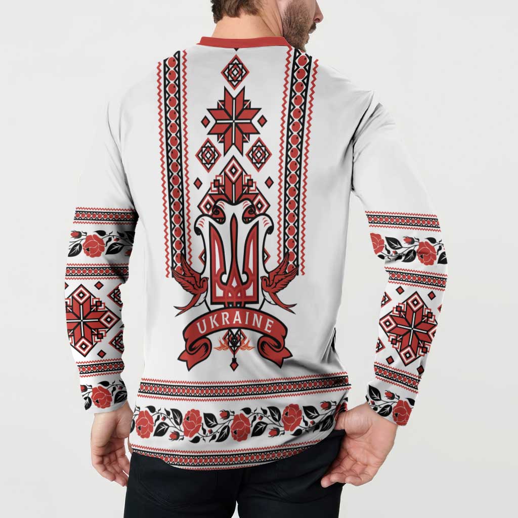 White crewneck sweatshirt back with red collar, trident crest and 'UKRAINE' lettering