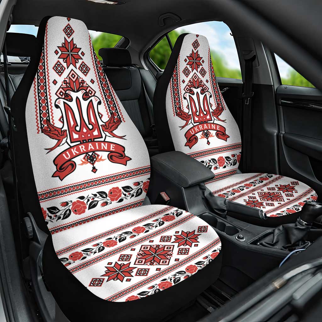 Front car seat cover set, white with red folk trident pattern and "Ukraine" text
