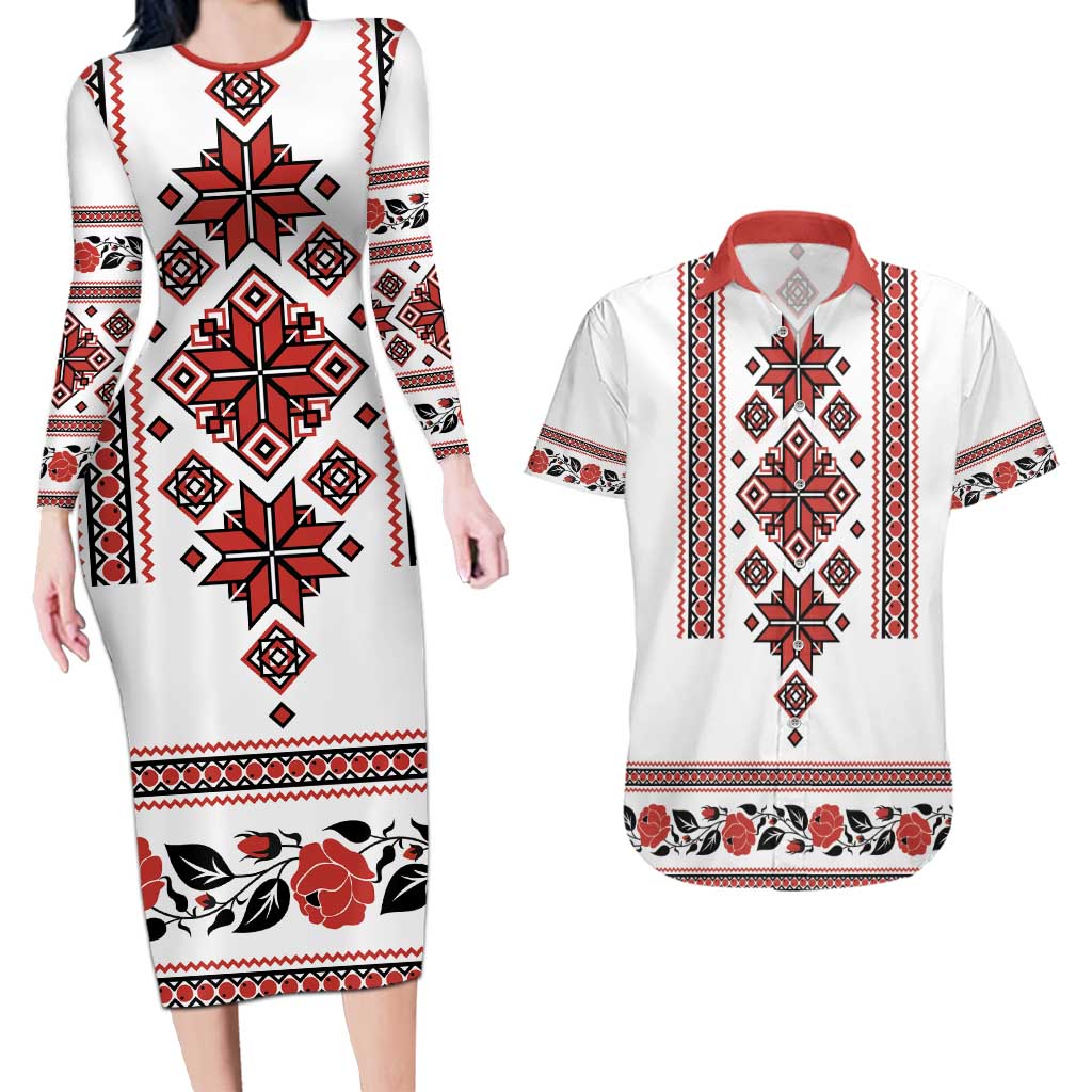 Ukraine Unity Day Couples Matching Long Sleeve Bodycon Dress and Hawaiian Shirt The Trident With Folk Pattern - Wonder Print Shop