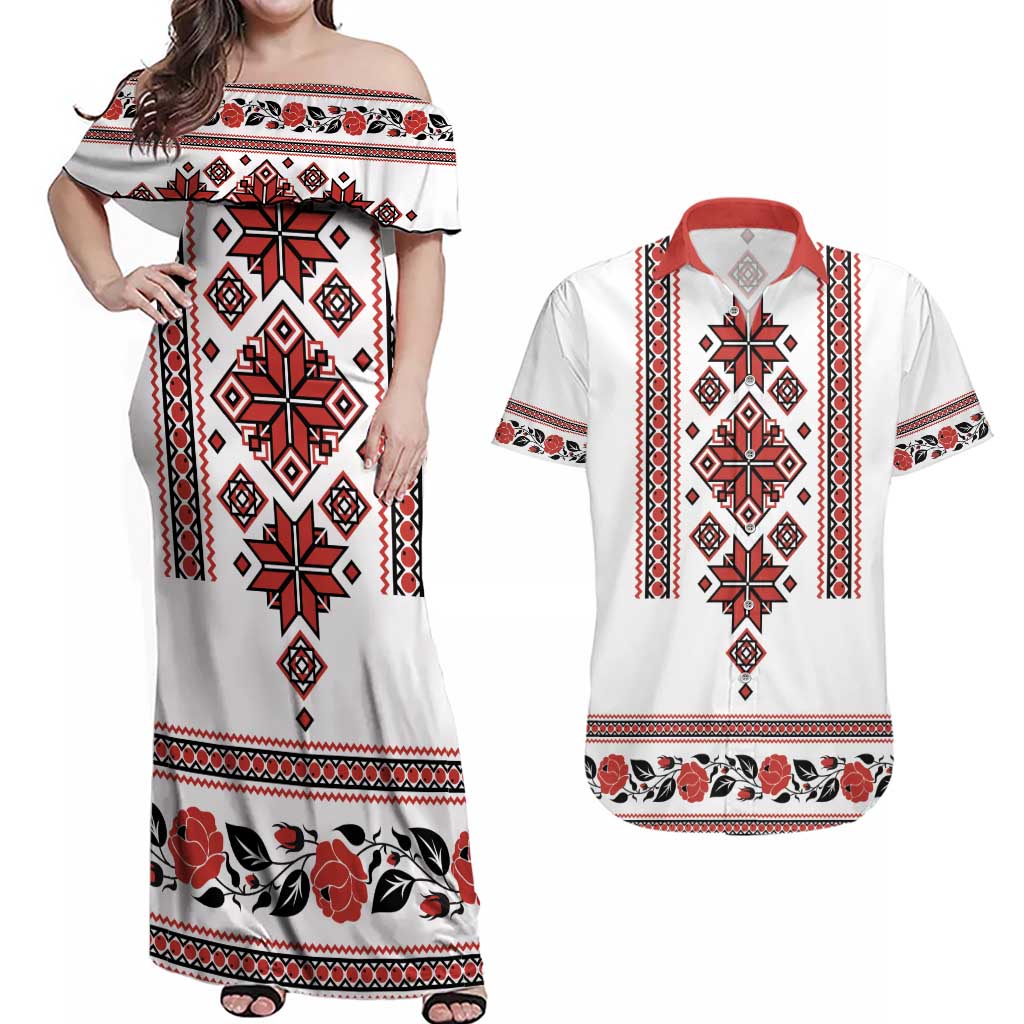 Ukraine Unity Day Couples Matching Off Shoulder Maxi Dress and Hawaiian Shirt The Trident With Folk Pattern - Wonder Print Shop