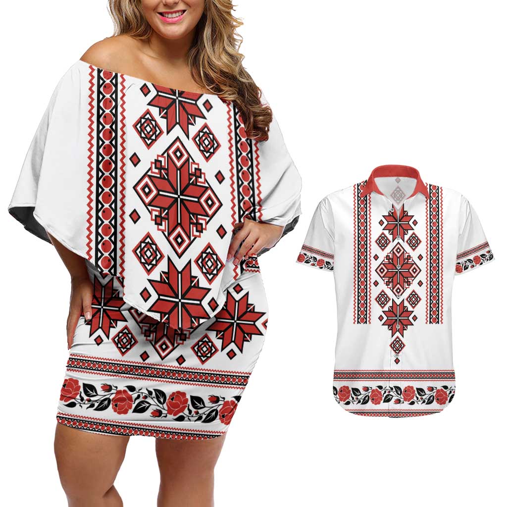 Ukraine Unity Day Couples Matching Off Shoulder Short Dress and Hawaiian Shirt The Trident With Folk Pattern - Wonder Print Shop