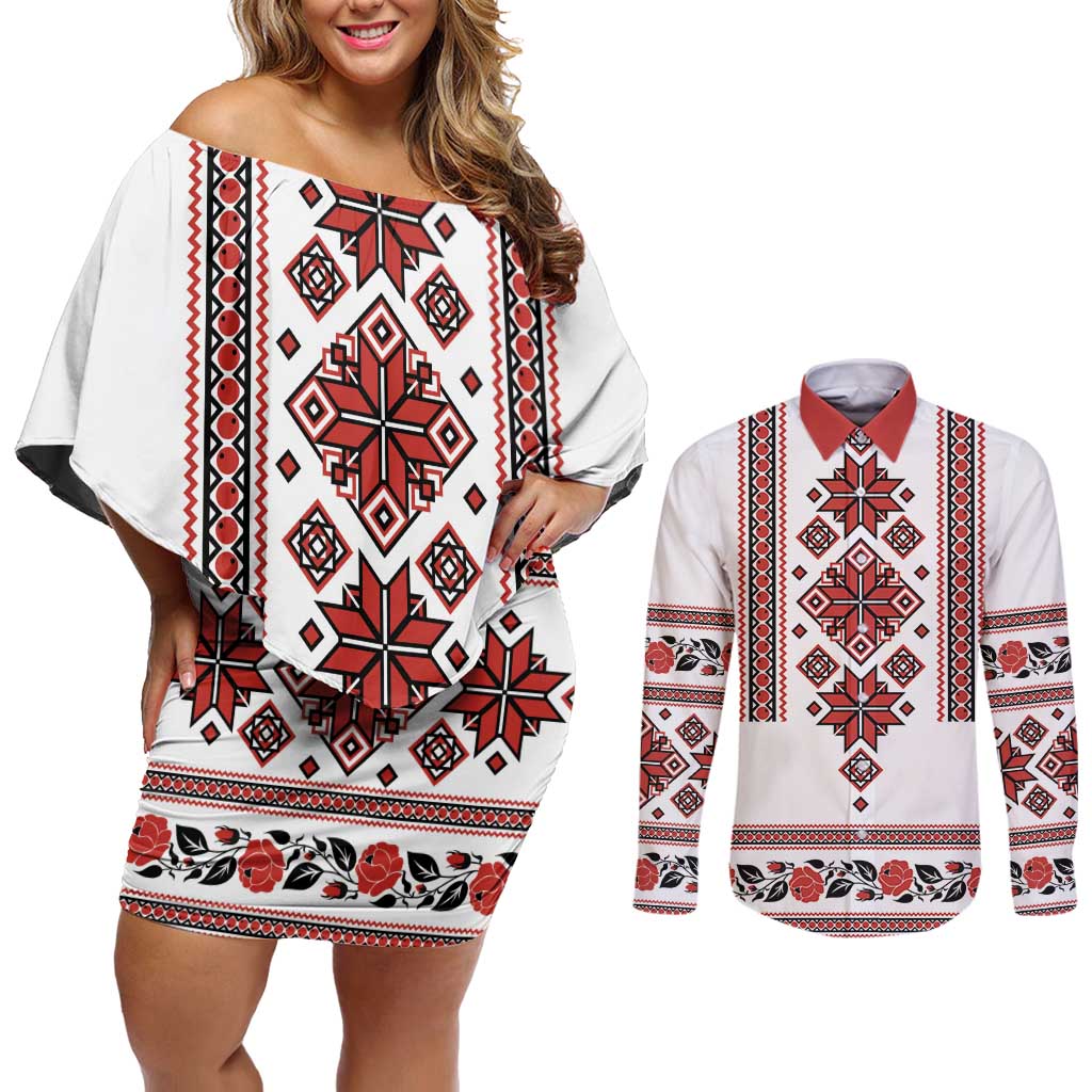 Ukraine Unity Day Couples Matching Off Shoulder Short Dress and Long Sleeve Button Shirt The Trident With Folk Pattern - Wonder Print Shop